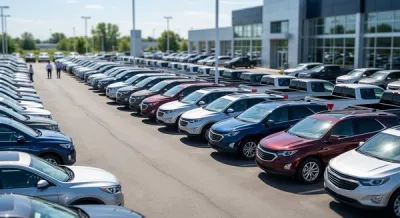 A view of a modern automotive dealership lot filled with various sport utility vehicles and pickup trucks under a bright sun, focusing on the polished hoods and rows of vehicles without showing logos or text.