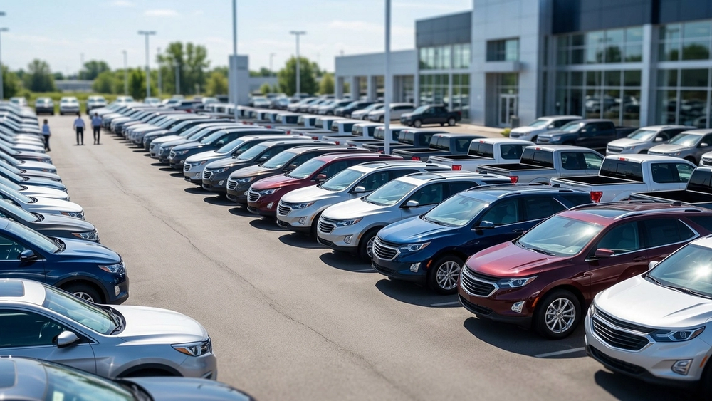 A view of a modern automotive dealership lot filled with various sport utility vehicles and pickup trucks under a bright sun, focusing on the polished hoods and rows of vehicles without showing logos or text.