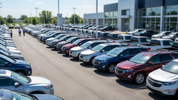 A view of a modern automotive dealership lot filled with various sport utility vehicles and pickup trucks under a bright sun, focusing on the polished hoods and rows of vehicles without showing logos or text.