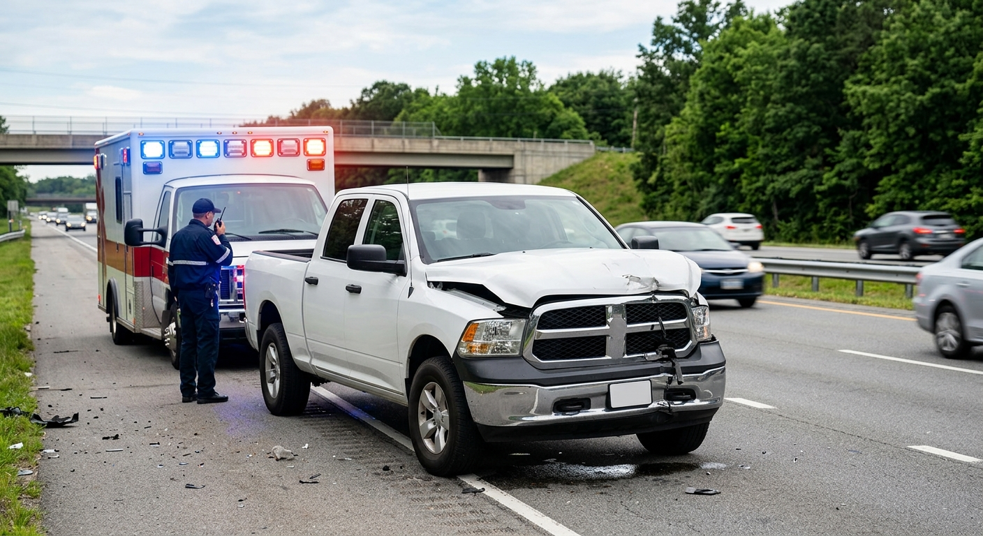 A white pickup truck with severe front-end damage on the side of a multi-lane highway next to an emergency vehicle with flashing lights.