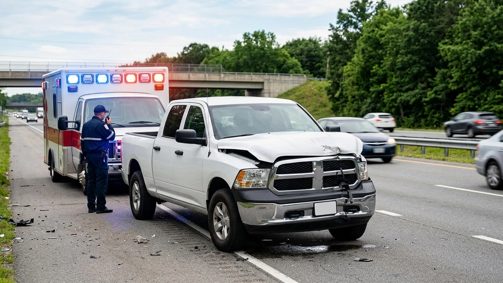 A white pickup truck with severe front-end damage on the side of a multi-lane highway next to an emergency vehicle with flashing lights.