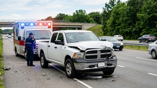 A white pickup truck with severe front-end damage on the side of a multi-lane highway next to an emergency vehicle with flashing lights.