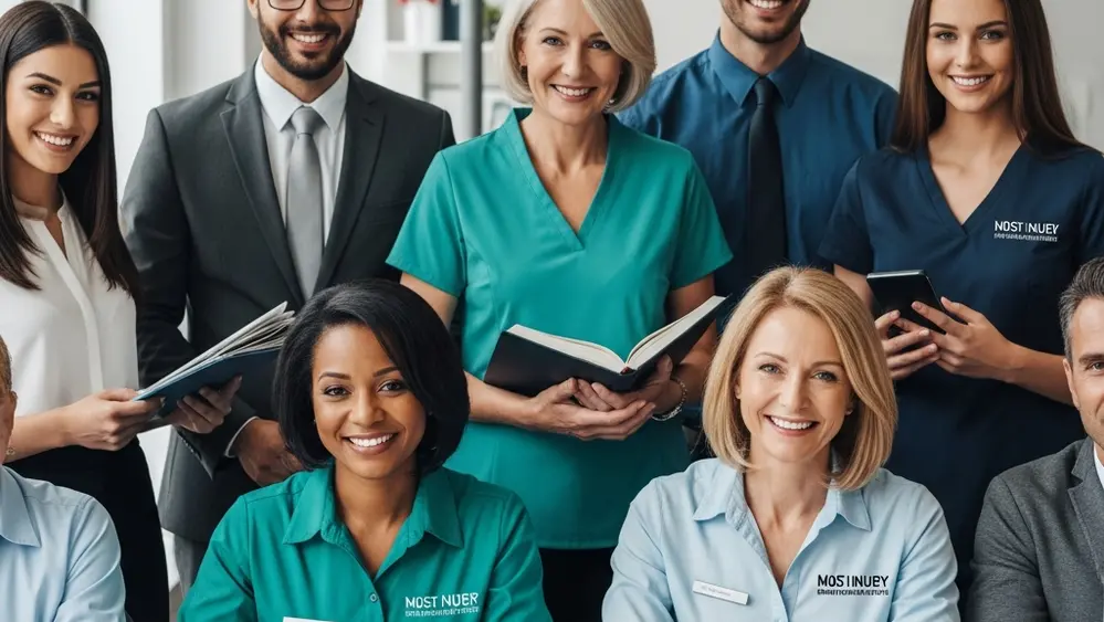 A diverse group of professional employees in an office setting, representing different races, genders, and ages, illustrating a fair workplace.