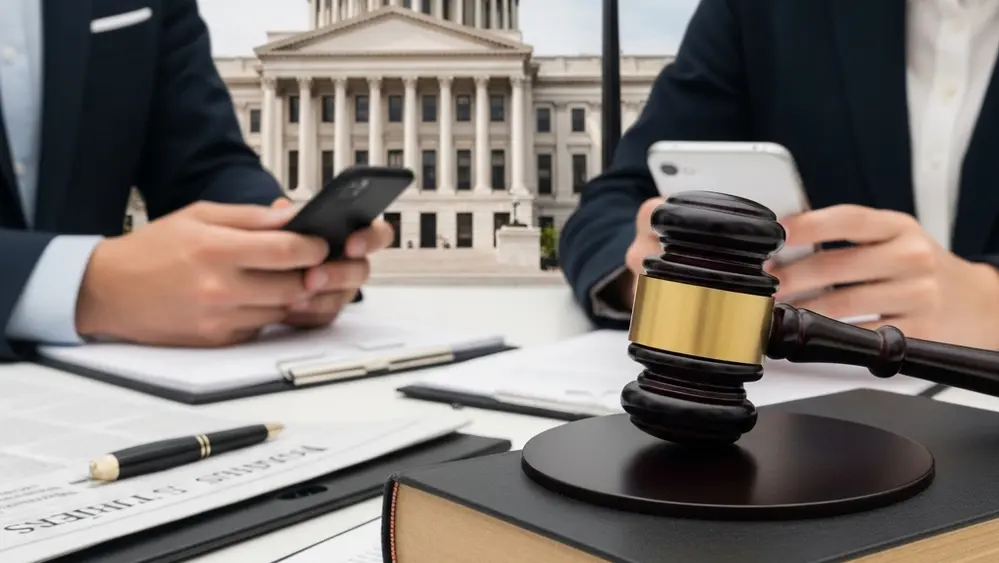 A gavel resting on a law book in front of a government building with columns.