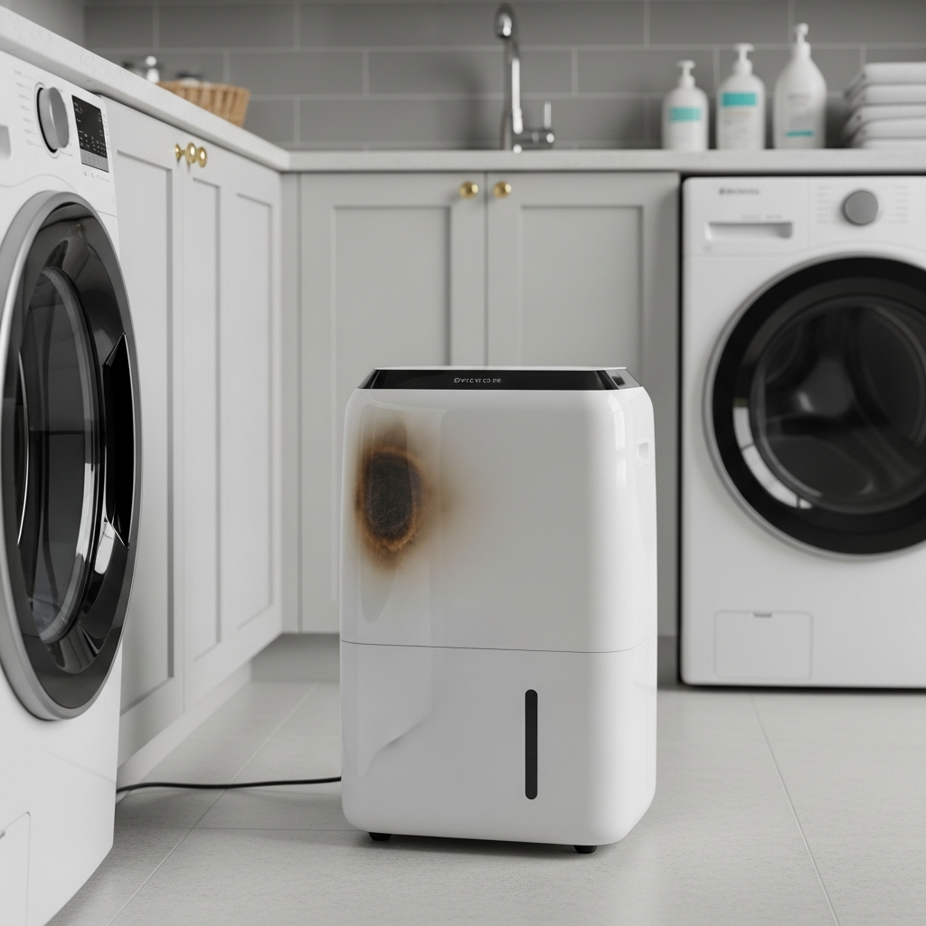 a white portable dehumidifier unit sitting in a laundry room with a slight scorch mark on its side panel