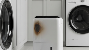 a white portable dehumidifier unit sitting in a laundry room with a slight scorch mark on its side panel