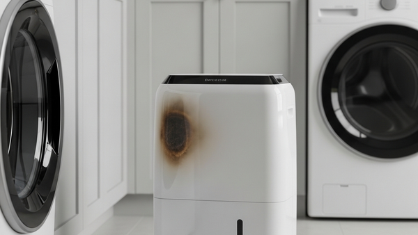 a white portable dehumidifier unit sitting in a laundry room with a slight scorch mark on its side panel