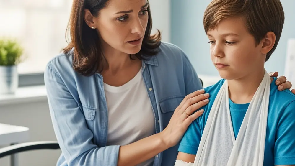 A worried parent sitting next to a child with a bandaged arm in a doctor's office, symbolizing the legal and emotional support needed after an injury.