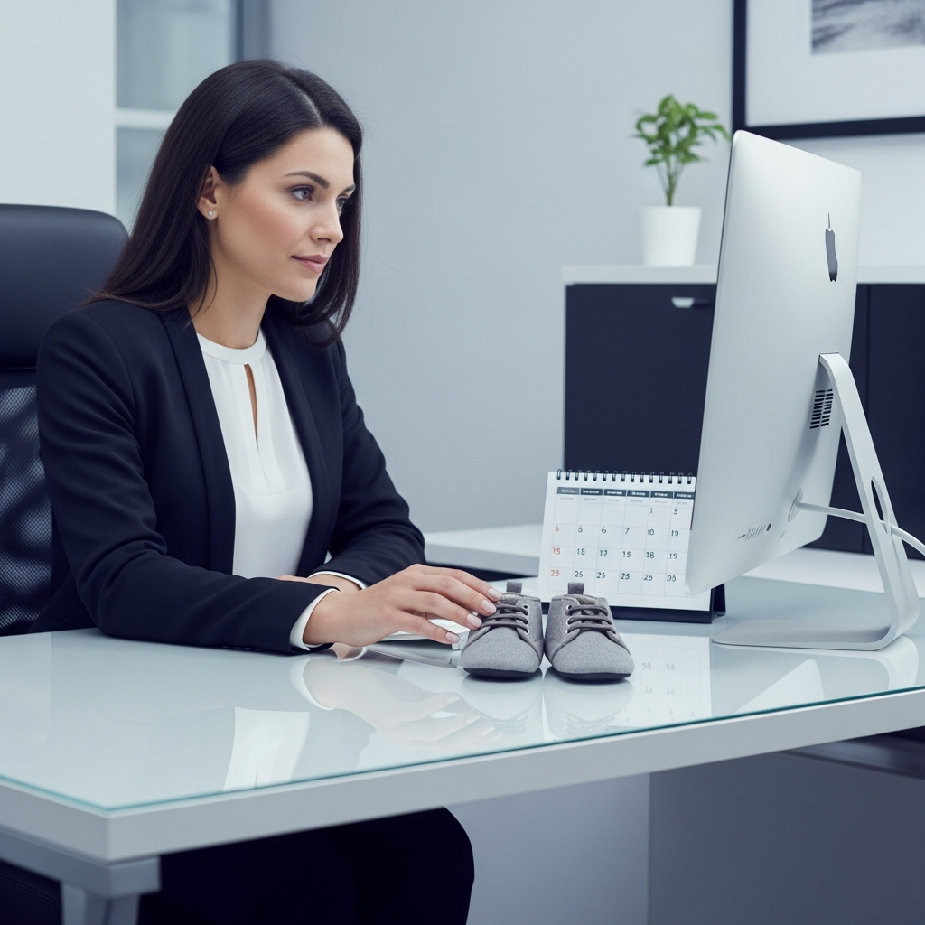 A woman sitting at a modern office desk looking at a calendar, with a pair of small infant shoes sitting next to her computer monitor.