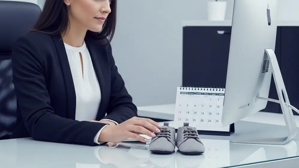 A woman sitting at a modern office desk looking at a calendar, with a pair of small infant shoes sitting next to her computer monitor.