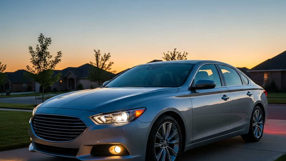 A sleek silver sedan parked in a driveway at dusk with the headlights on, symbolizing a modern leased vehicle.