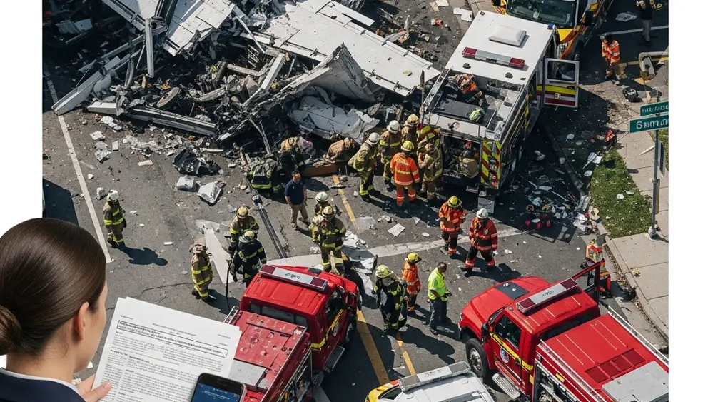 An aerial view of emergency responders at an aviation crash site with debris and rescue vehicles.