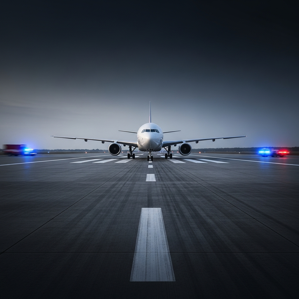 A large commercial airplane taxiing on a vast concrete runway under a dark sky, with blurred blue and red emergency vehicle lights in the distant background.