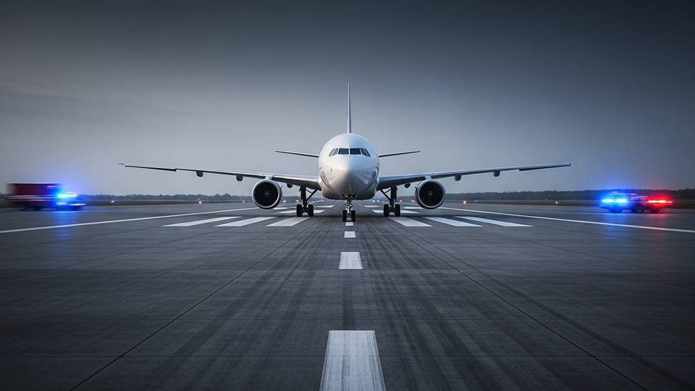 A large commercial airplane taxiing on a vast concrete runway under a dark sky, with blurred blue and red emergency vehicle lights in the distant background.