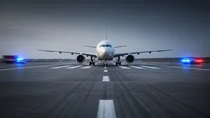 A large commercial airplane taxiing on a vast concrete runway under a dark sky, with blurred blue and red emergency vehicle lights in the distant background.