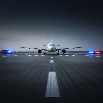 A large commercial airplane taxiing on a vast concrete runway under a dark sky, with blurred blue and red emergency vehicle lights in the distant background.