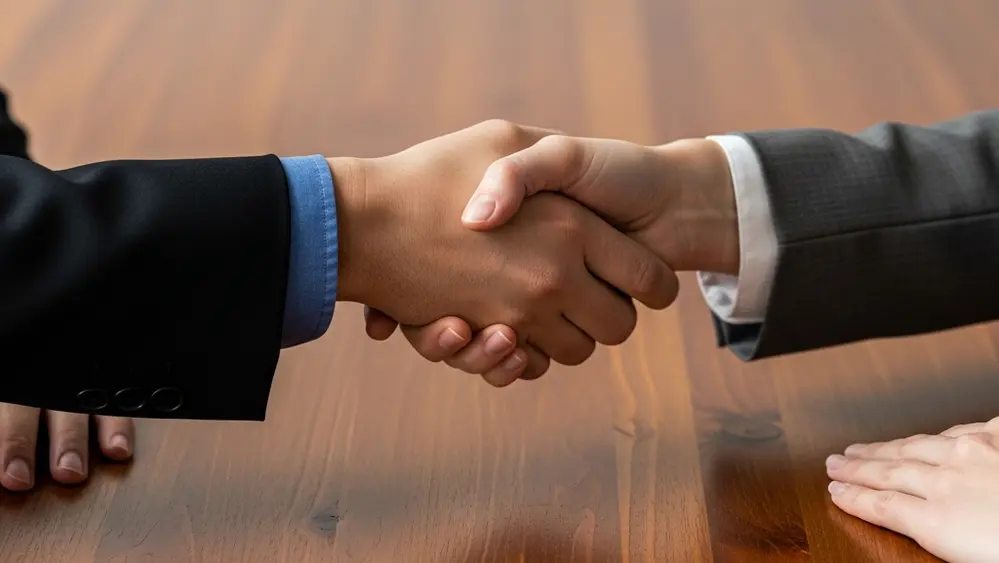 A close-up of two people shaking hands over a wooden table, symbolizing a legal settlement or agreement being reached.