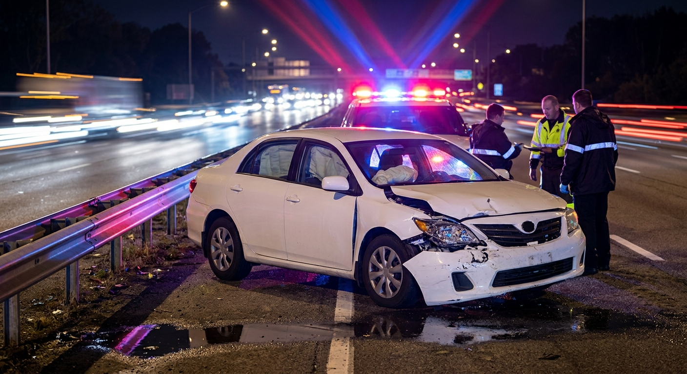 A white sedan with heavy front-end damage sitting on the shoulder of a multi-lane highway at night under emergency lights.