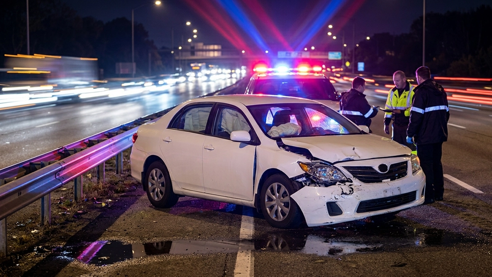A white sedan with heavy front-end damage sitting on the shoulder of a multi-lane highway at night under emergency lights.