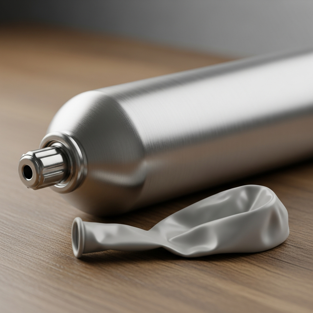 A close-up of a generic silver nitrous oxide canister sitting on a wooden surface next to a deflated balloon