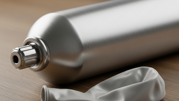 A close-up of a generic silver nitrous oxide canister sitting on a wooden surface next to a deflated balloon