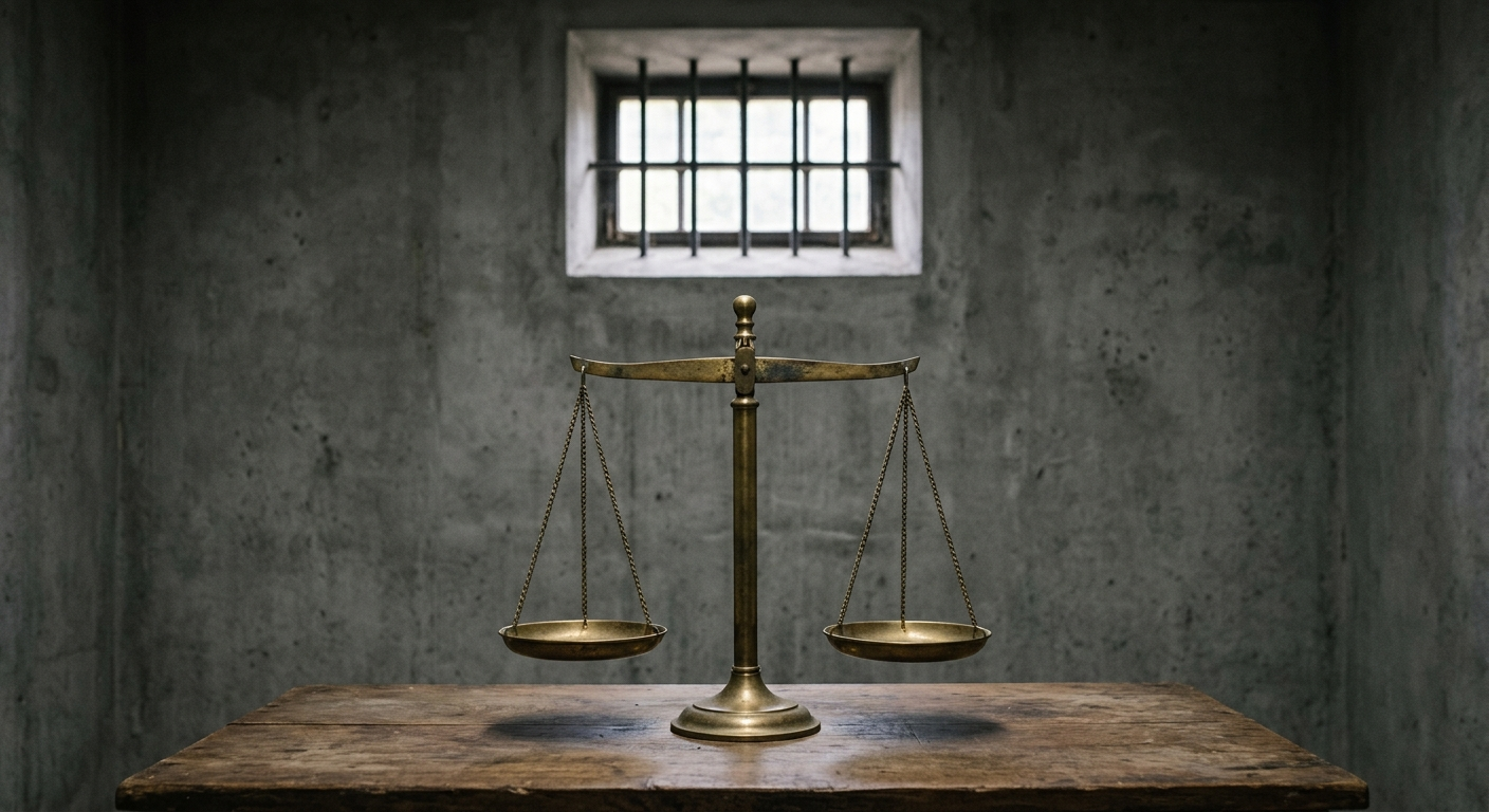 A symbolic image of a pair of metal scales of justice set against the background of a gray concrete wall with a small barred window at the top.