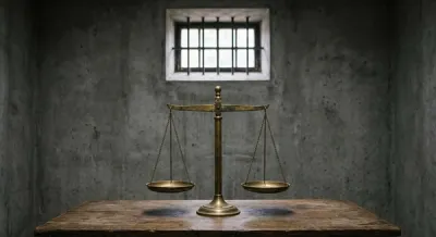 A symbolic image of a pair of metal scales of justice set against the background of a gray concrete wall with a small barred window at the top.