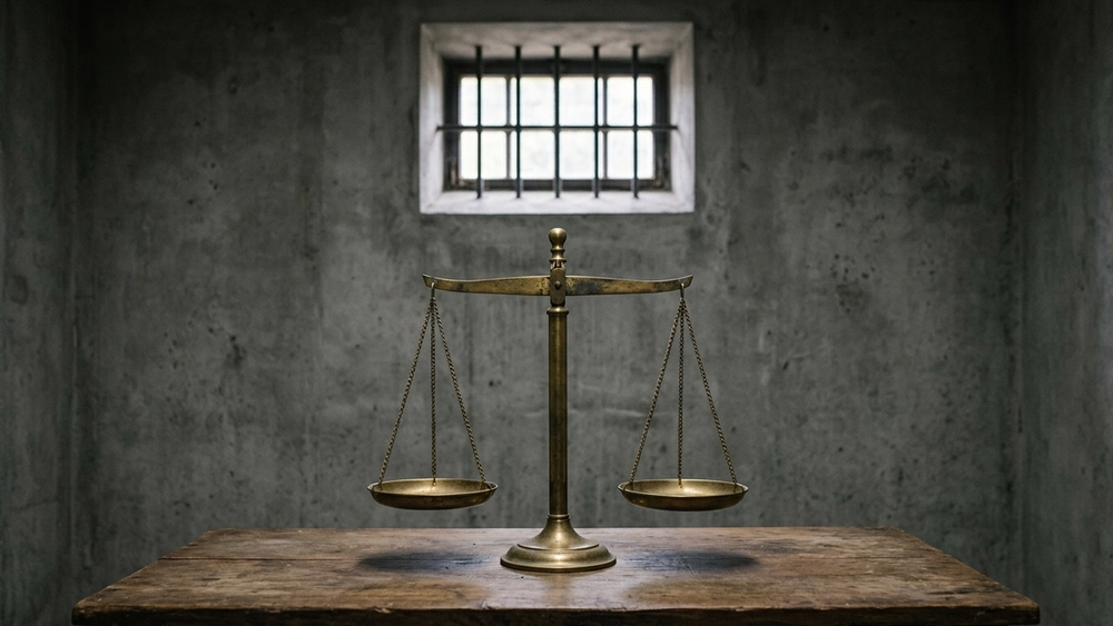 A symbolic image of a pair of metal scales of justice set against the background of a gray concrete wall with a small barred window at the top.