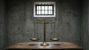 A symbolic image of a pair of metal scales of justice set against the background of a gray concrete wall with a small barred window at the top.