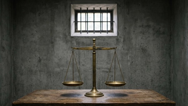 A symbolic image of a pair of metal scales of justice set against the background of a gray concrete wall with a small barred window at the top.