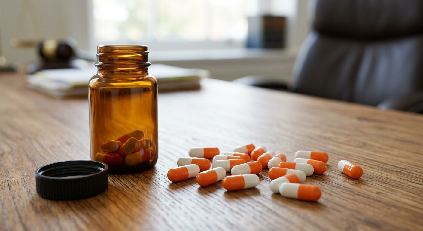 A close-up of several orange and white medicinal capsules scattered on a wooden surface next to an open amber pill bottle.