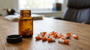 A close-up of several orange and white medicinal capsules scattered on a wooden surface next to an open amber pill bottle.
