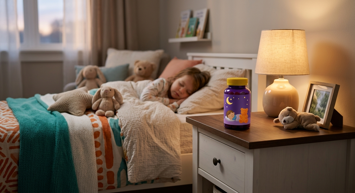 A bottle of pediatric gummy melatonin supplements resembling Mommy's Bliss packaging sitting on a nightstand next to a child's bed.