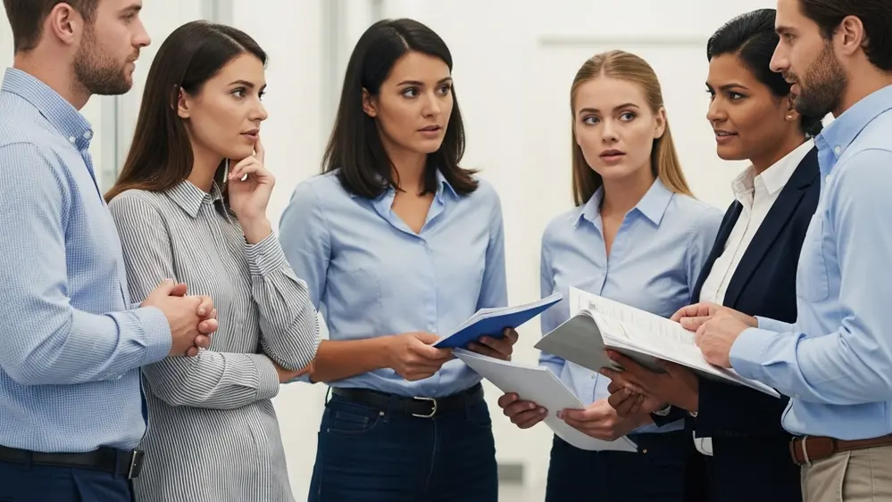 A diverse group of professional office workers standing together in a bright hallway looking concerned while talking in a small group.