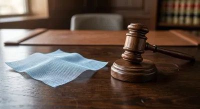 A flexible synthetic surgical mesh used for hernia repair rests on a dark wooden table beside a judge's gavel.