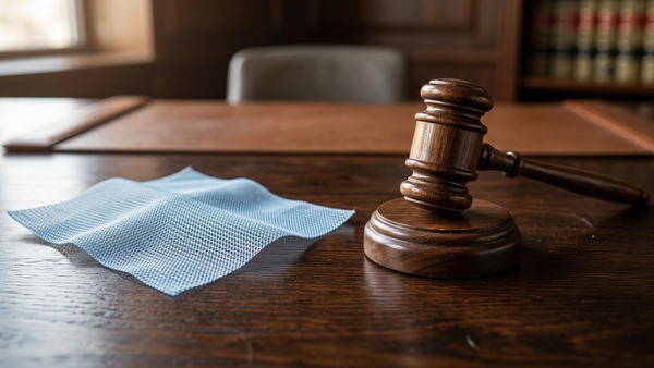 A flexible synthetic surgical mesh used for hernia repair rests on a dark wooden table beside a judge's gavel.
