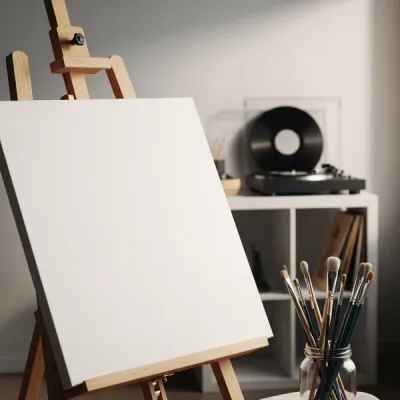 An artist's studio with a large blank canvas on an easel, paintbrushes in a jar, and a record player on a wooden shelf in the background.