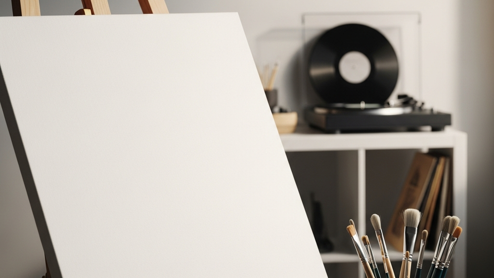 An artist's studio with a large blank canvas on an easel, paintbrushes in a jar, and a record player on a wooden shelf in the background.