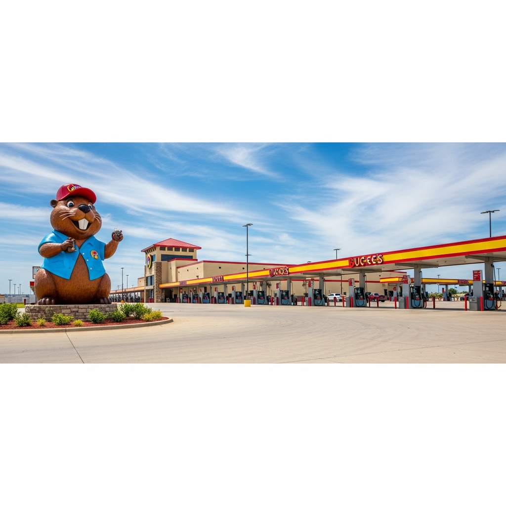 A large Buc-ee’s travel center with a beaver mascot statue in the foreground and a long line of fuel pumps under a bright blue sky.