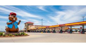 A large Buc-ee’s travel center with a beaver mascot statue in the foreground and a long line of fuel pumps under a bright blue sky.