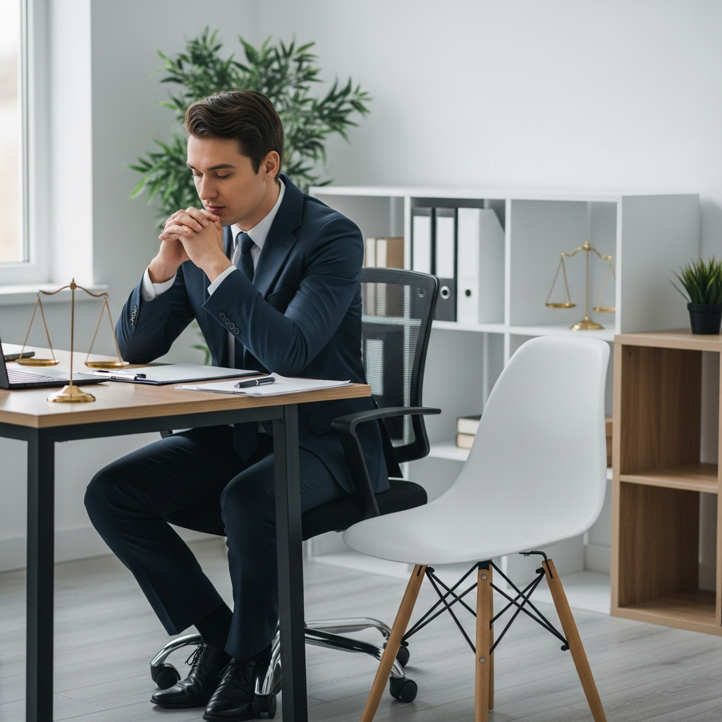A professional individual in business attire sitting at a desk looking thoughtful, with a symbolic empty chair beside them in a modern office setting.