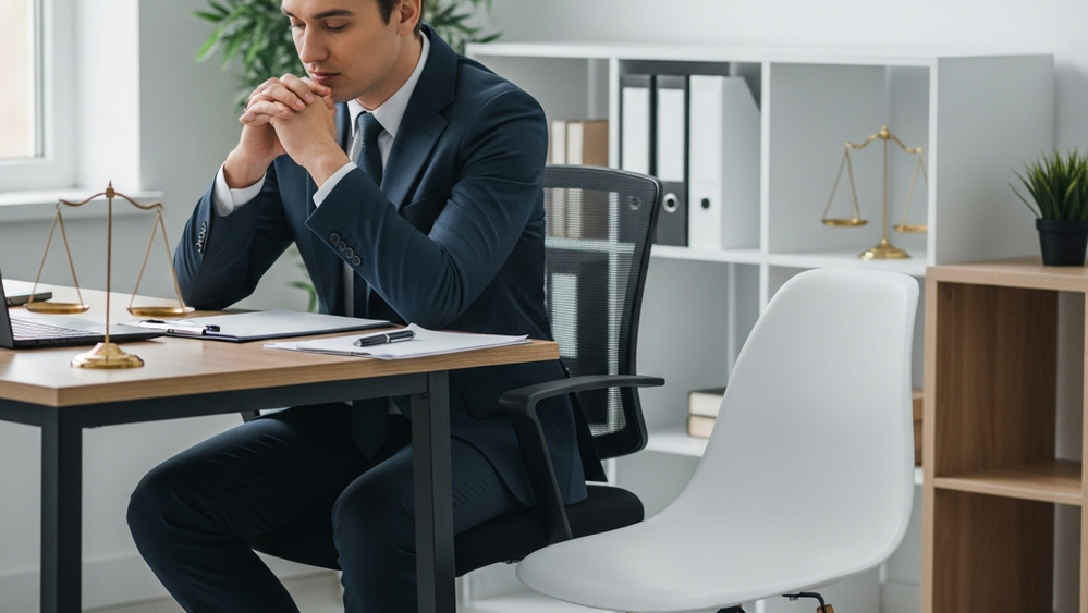 A professional individual in business attire sitting at a desk looking thoughtful, with a symbolic empty chair beside them in a modern office setting.