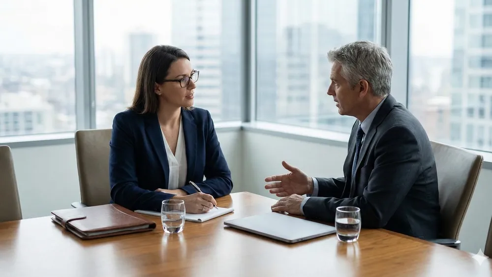 A professional employee taking notes during a confidential meeting with a legal expert about workplace rights.