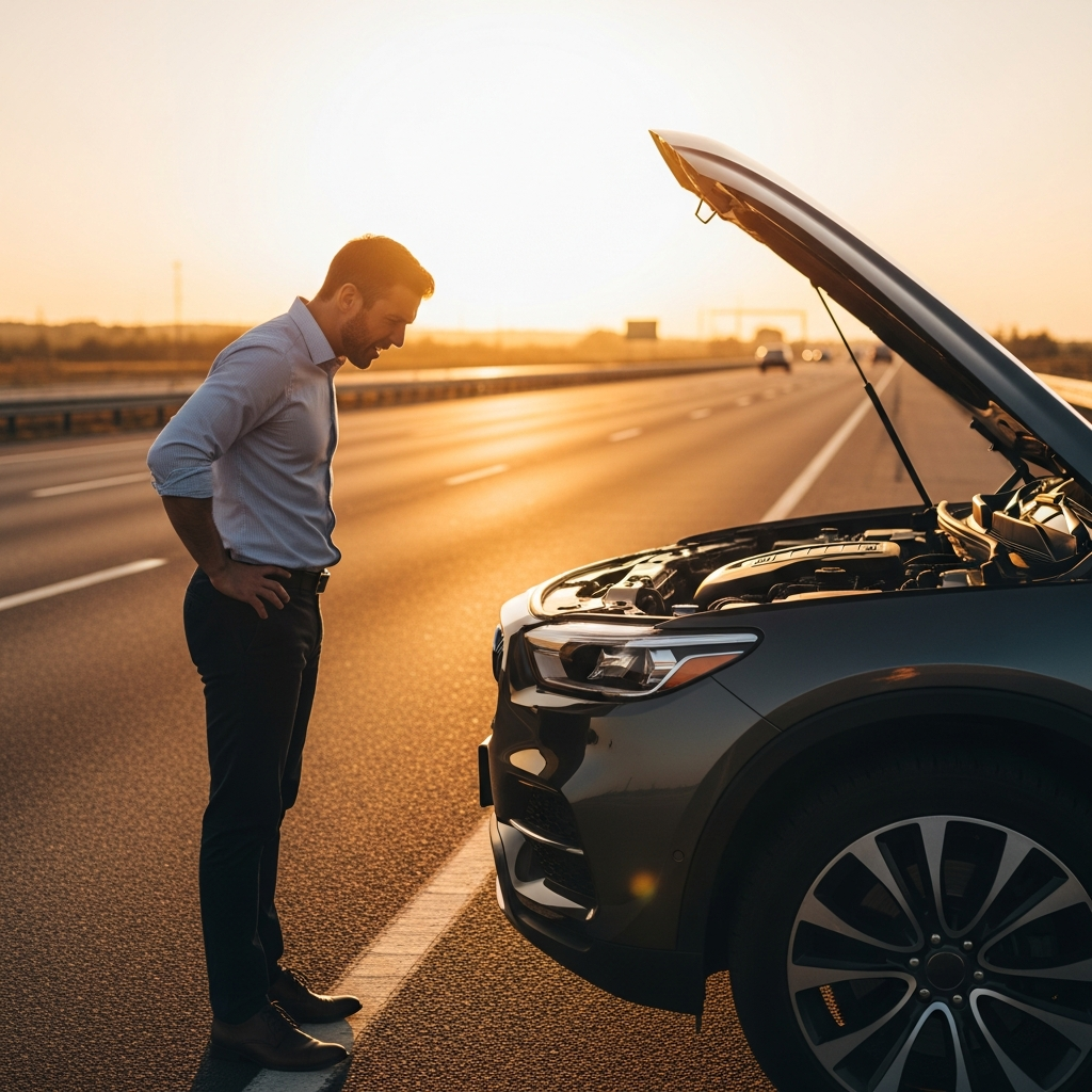 A frustrated driver standing next to a modern SUV with the hood open on the side of a highway during sunset