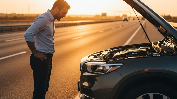 A frustrated driver standing next to a modern SUV with the hood open on the side of a highway during sunset