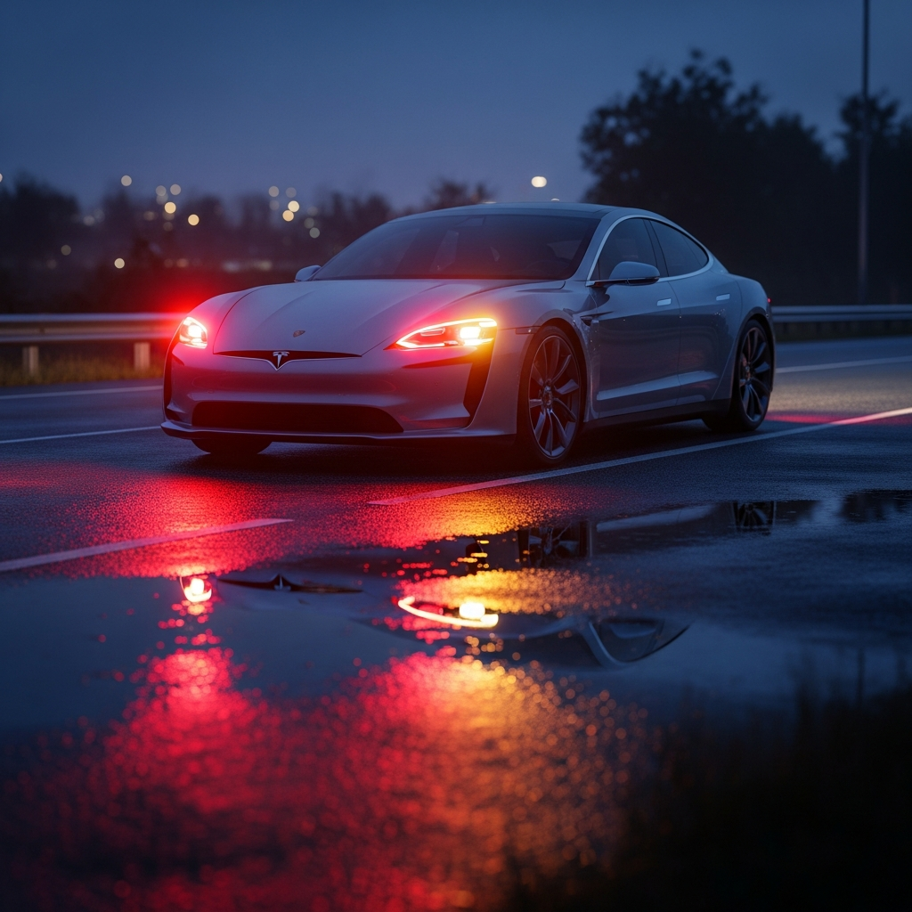 A high-end electric sedan parked on a dark roadside with emergency lights reflecting on the pavement.