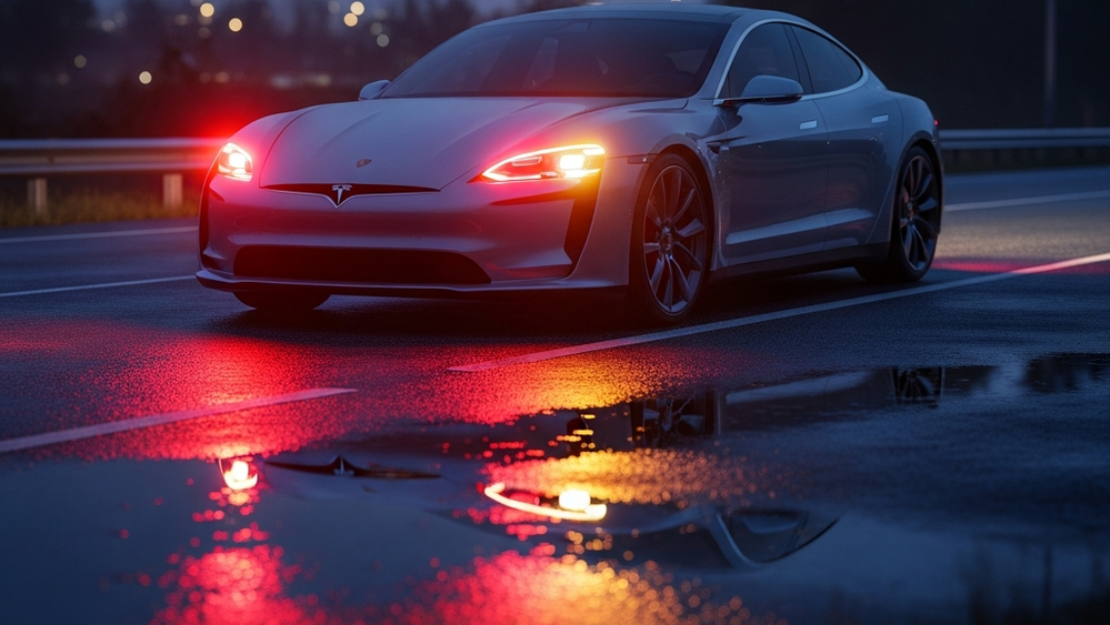 A high-end electric sedan parked on a dark roadside with emergency lights reflecting on the pavement.