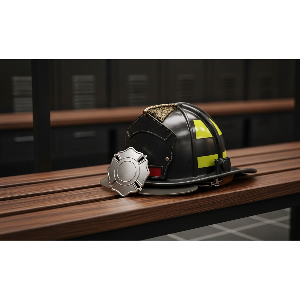 A fire helmet and badge sitting on a dark wooden bench in a locker room, symbolizing the service and legal struggle of firefighters in a discrimination case.
