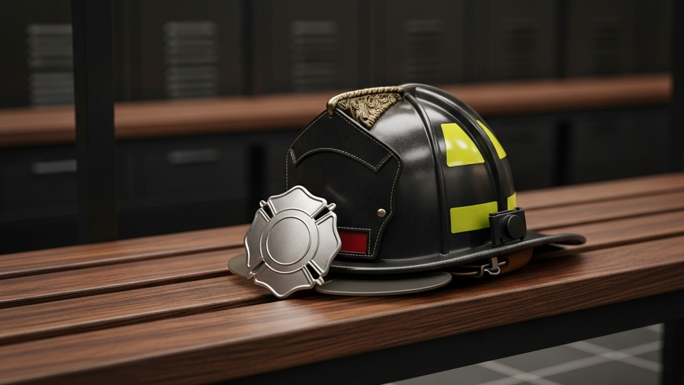 A fire helmet and badge sitting on a dark wooden bench in a locker room, symbolizing the service and legal struggle of firefighters in a discrimination case.