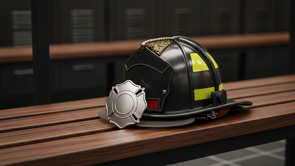 A fire helmet and badge sitting on a dark wooden bench in a locker room, symbolizing the service and legal struggle of firefighters in a discrimination case.